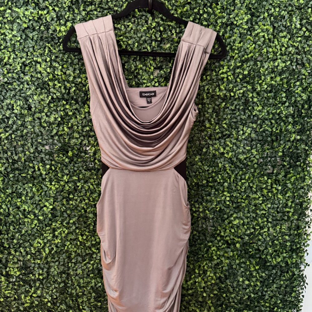 Bebe Taupe Draped Bodycon Dress Sleeveless Cowl Neck Cocktail Dress Size S